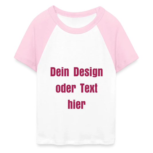 Frauen Cropped Baseball T-Shirt - personalisierbare Vorder- und Rückseite - Weiß/Pink