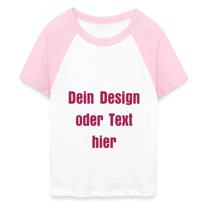 Frauen Cropped Baseball T-Shirt - personalisierbare Vorder- und Rückseite - Weiß/Pink