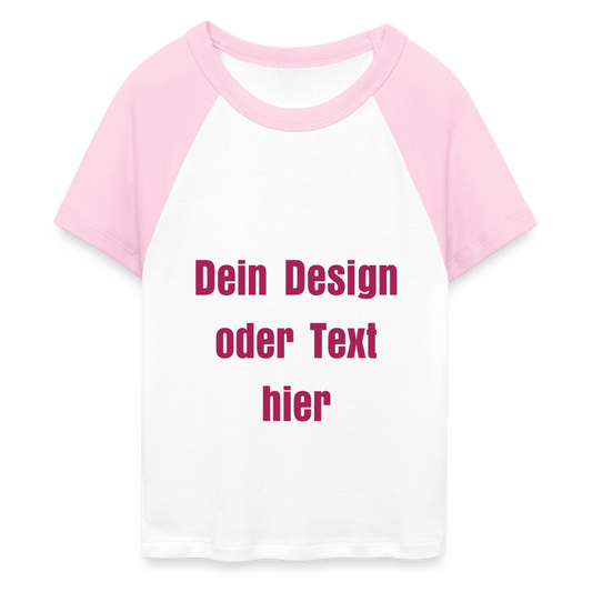 Frauen Cropped Baseball T-Shirt - personalisierbare Vorder- und Rückseite - Weiß/Pink