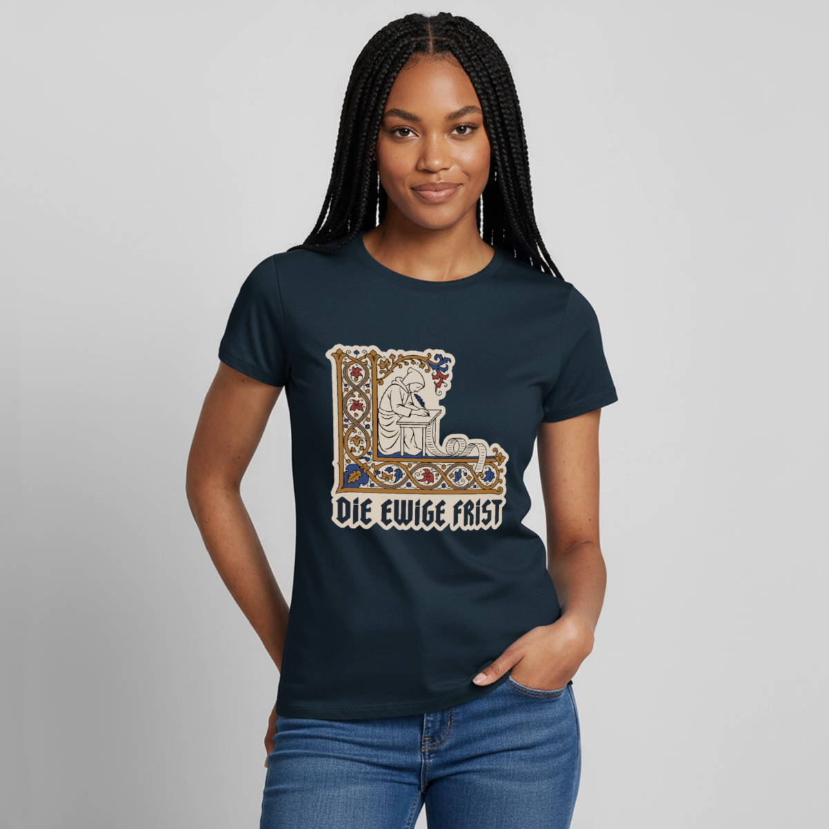 "Die ewige Frist. Buchmalerei-Motiv" Motiv-T-Shirt für Frauen, Farbe Navy