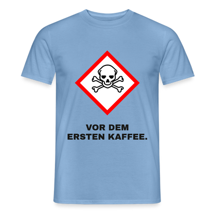 "Vor dem ersten Kaffee. Gefahrzeichen" Motiv-T-Shirt für Männer, Farbe Carolina Blue