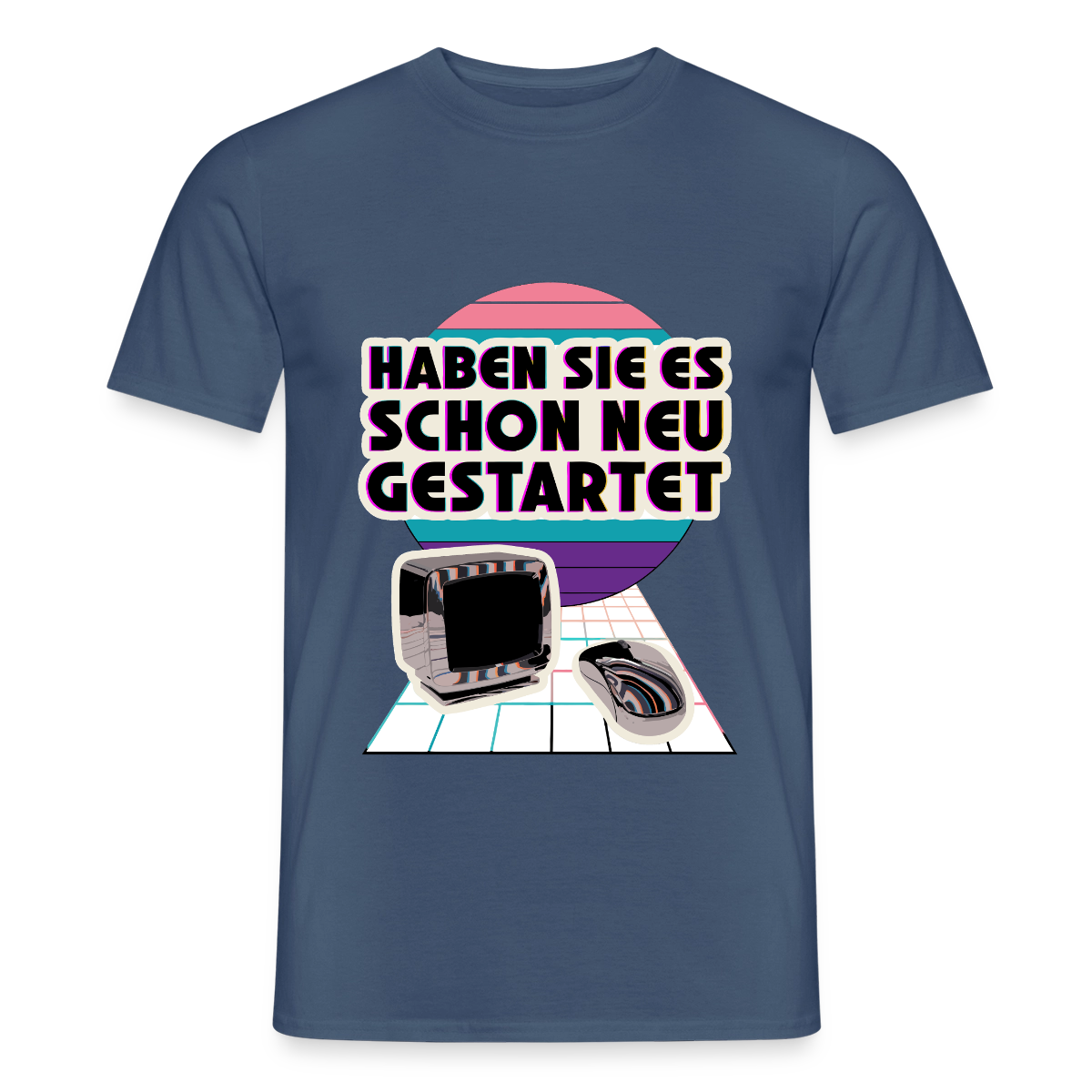 Haben Sie es schon neu gestartet? Vaporwave-Motiv Motiv-T-Shirt für Männer, Farbe Dunkles Denimblau