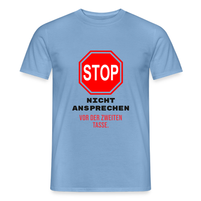 "Nicht ansprechen vor der zweiten Tasse." Motiv-T-Shirt für Männer, Farbe Carolina Blue