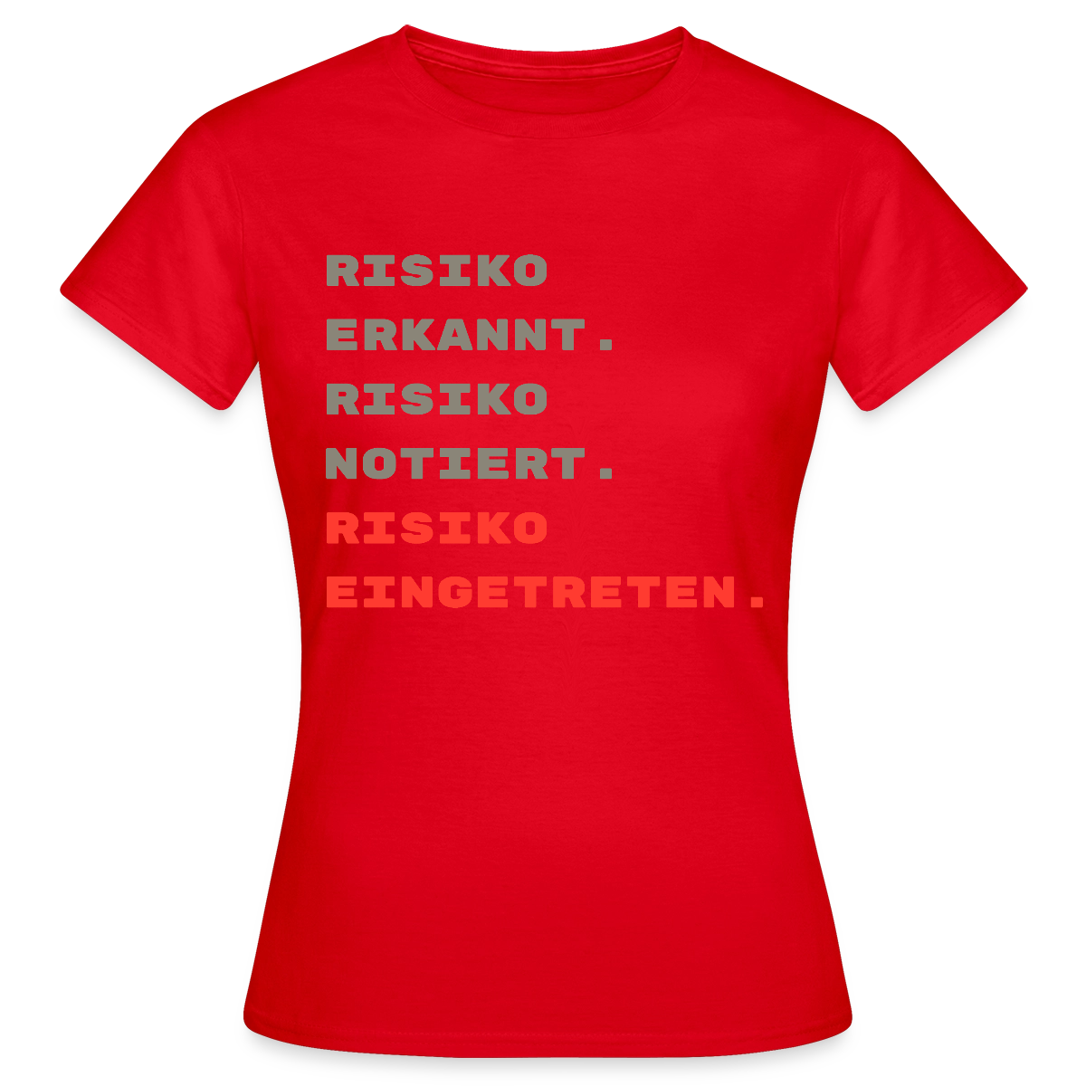 Risiko erkannt. Risiko notiert. Risiko eingetreten. Motiv-T-Shirt für Frauen, Farbe Rot