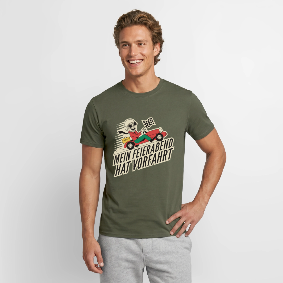 Mein Feierabend hat Vorfahrt. Motiv-T-Shirt für Männer, Farbe Militärgrün, Model