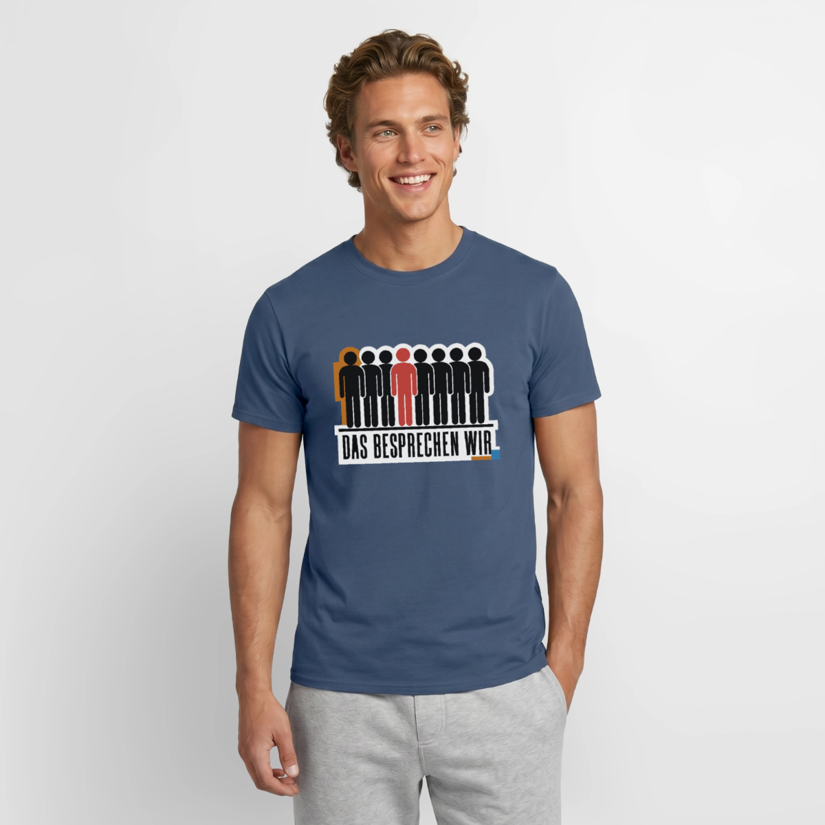 "Das besprechen wir. Isotype-Motiv" Motiv-T-Shirt für Männer, Farbe Dunkles Denimblau