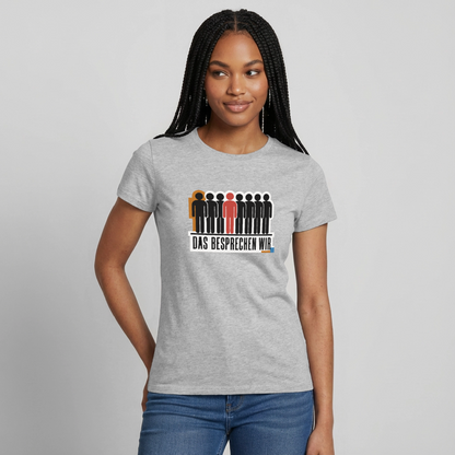 "Das besprechen wir. Isotype-Motiv" Motiv-T-Shirt für Frauen, Farbe Grau meliert