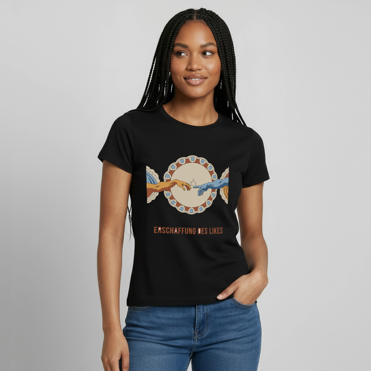"Erschaffung des Likes. Fresko-Motiv" Motiv-T-Shirt für Frauen, Farbe Schwarz, Model