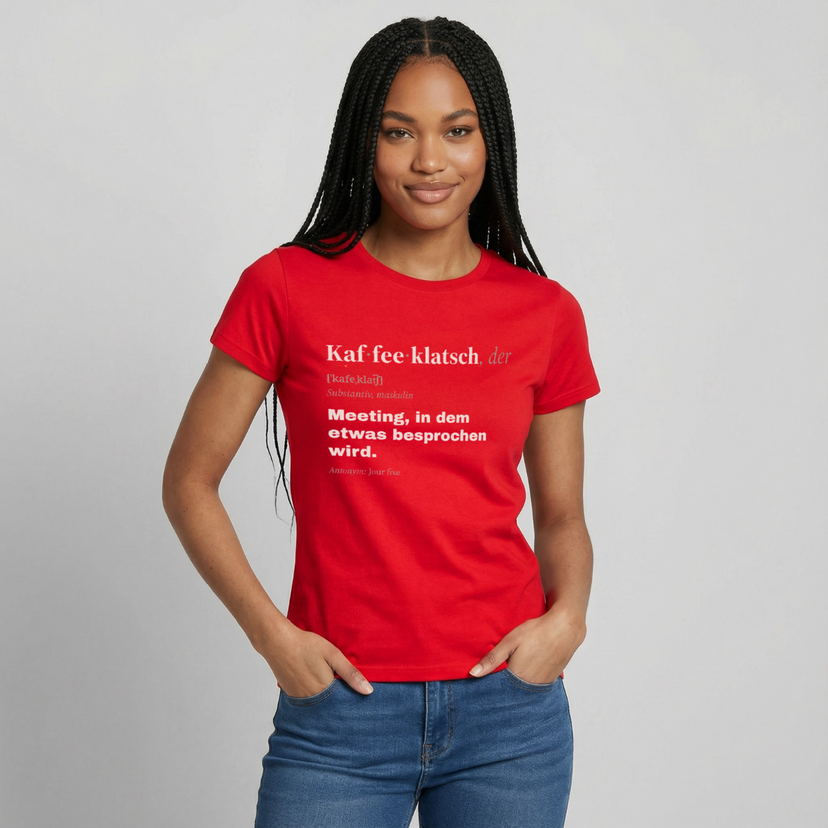 "Kaffeeklatsch, der: Meeting, in dem etwas besprochen wird." Motiv-T-Shirt für Frauen, Farbe Rot