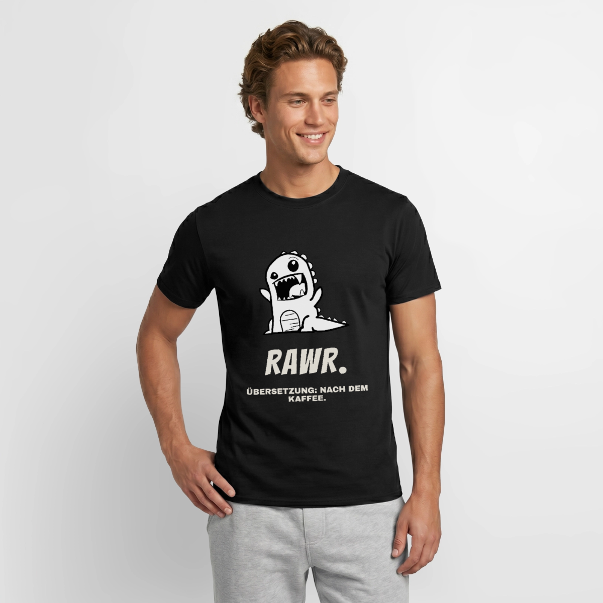 "Rawr. Übersetzung: nach dem Kaffee." Motiv-T-Shirt für Männer, Farbe Schwarz