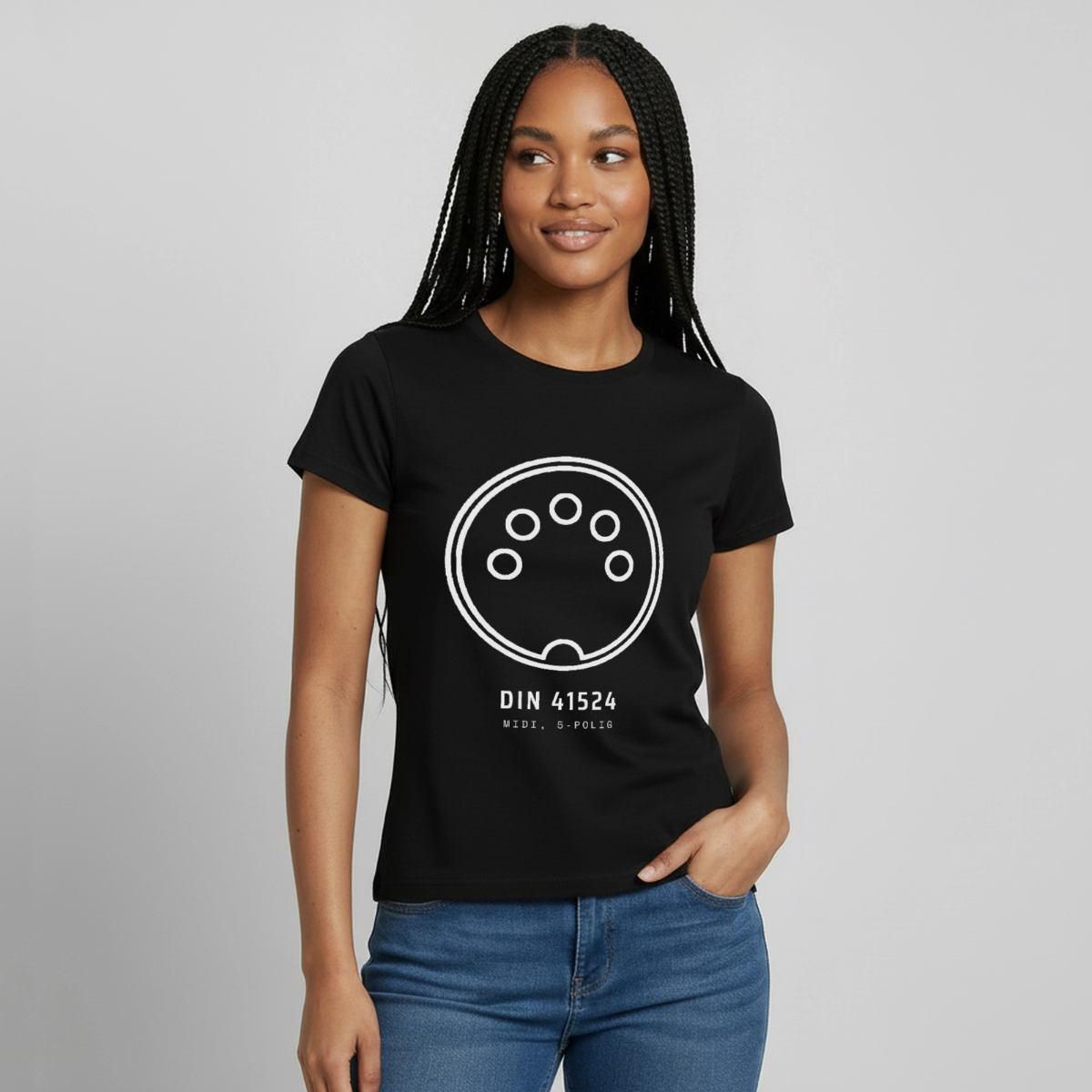 DIN 41524, MIDI 5-polig Motiv-T-Shirt für Frauen, Farbe Schwarz, Model