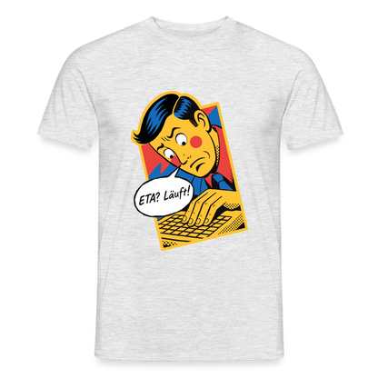 "ETA? Läuft! Popart-Motiv" Motiv-T-Shirt für Männer, Farbe Grau meliert