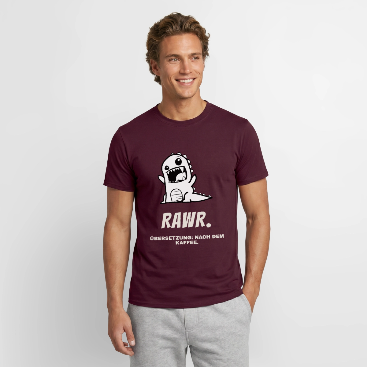 "Rawr. Übersetzung: nach dem Kaffee." Motiv-T-Shirt für Männer, Farbe Ziegelrot