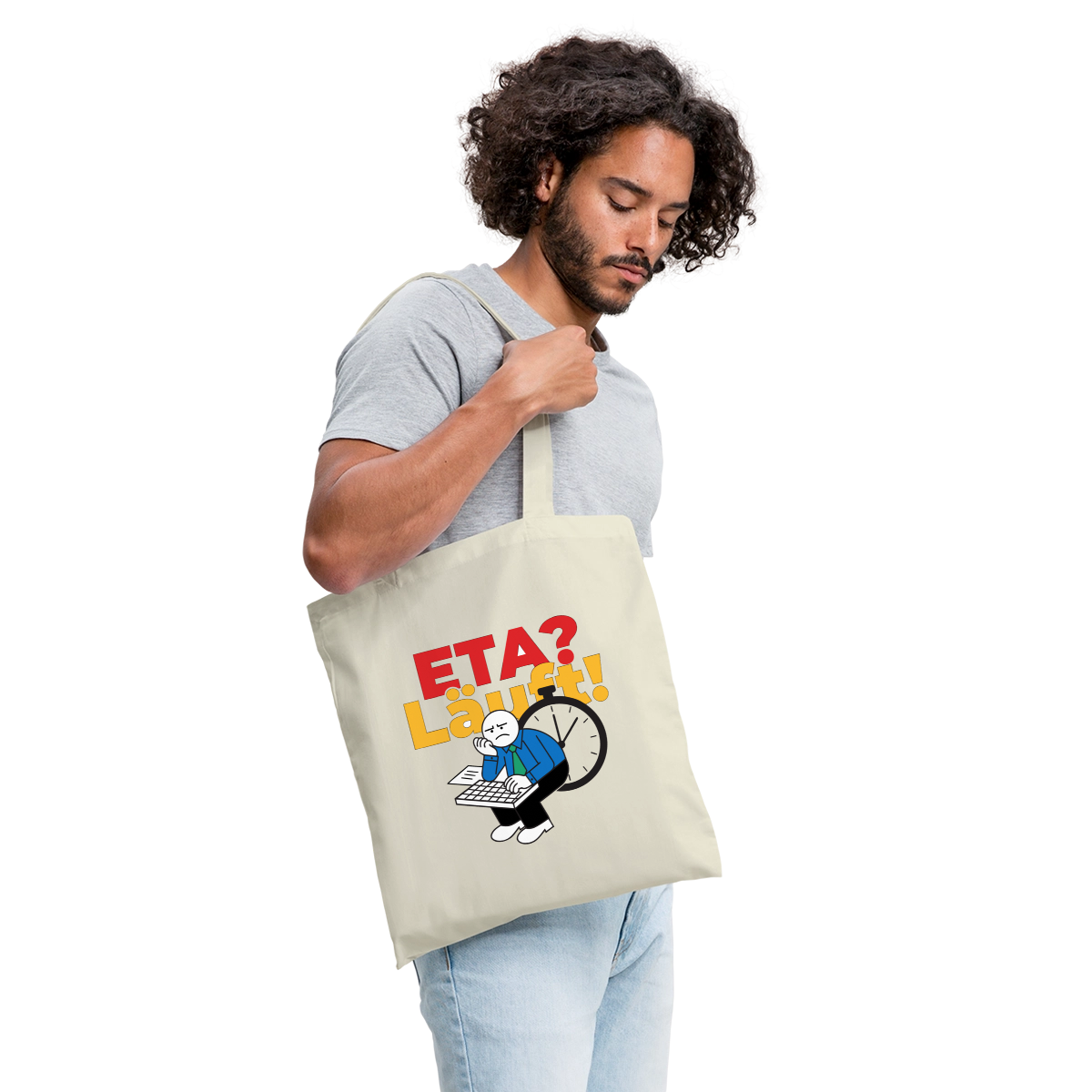 "ETA? Läuft! Strichfiguren-Motiv" Stoffbeutel, Farbe Natur