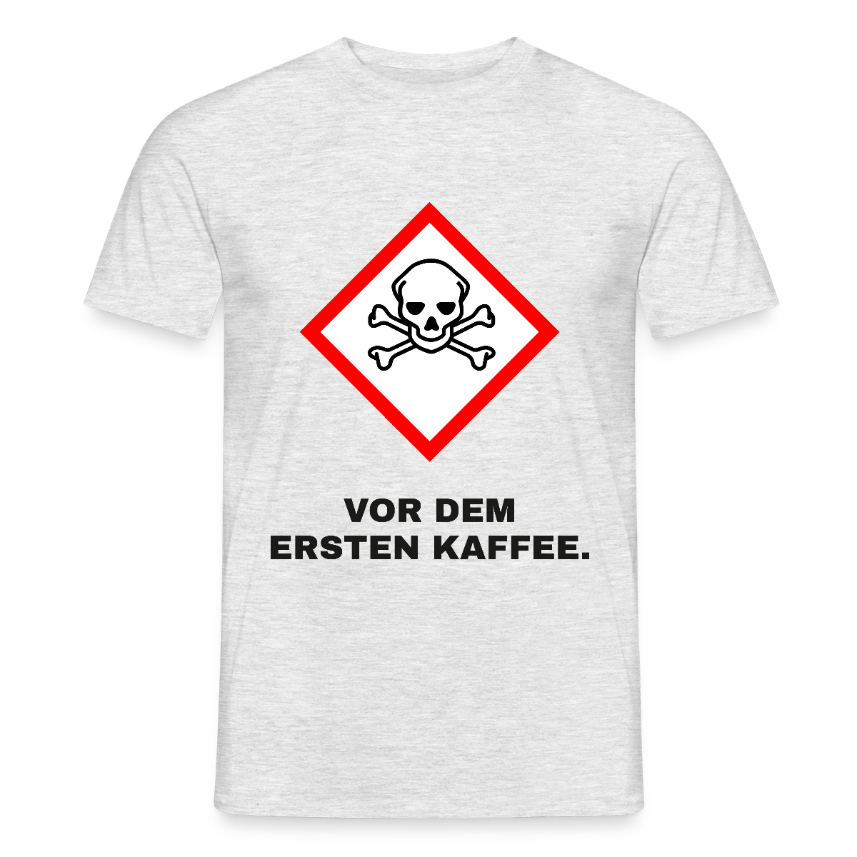 Vor dem ersten Kaffee. Gefahrzeichen Motiv-T-Shirt für Männer, Farbe Grau meliert, Model