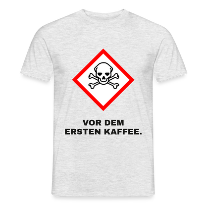 Vor dem ersten Kaffee. Gefahrzeichen Motiv-T-Shirt für Männer, Farbe Grau meliert, Model