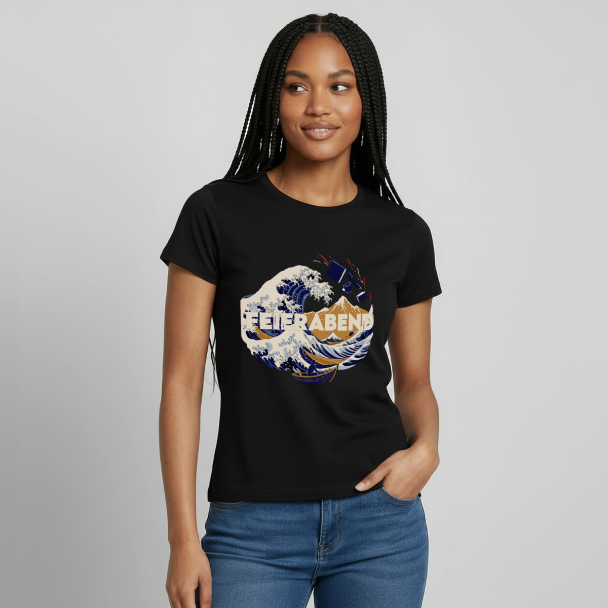 Feierabend. Ukiyo-e-Motiv Motiv-T-Shirt für Frauen, Farbe Schwarz, Model
