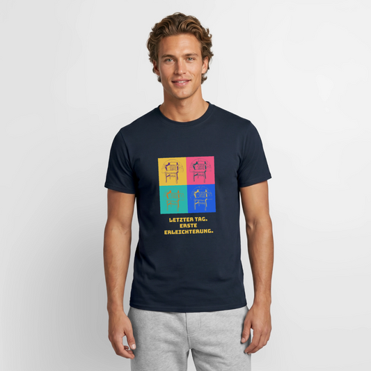 Letzter Tag. Erste Erleichterung. Popart-Motiv Motiv-T-Shirt für Männer, Farbe Navy, Model