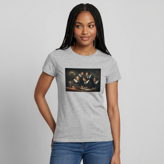 Das Code-Review. Renaissance-Motiv Motiv-T-Shirt für Frauen, Farbe Grau meliert, Model