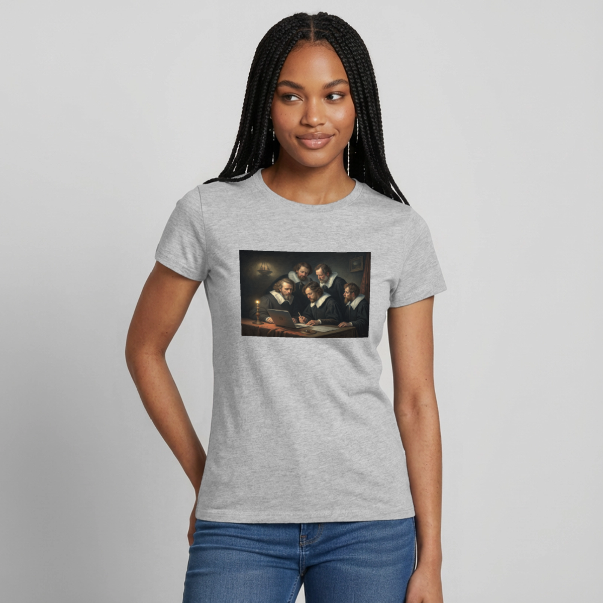 Das Code-Review. Renaissance-Motiv Motiv-T-Shirt für Frauen, Farbe Grau meliert, Model