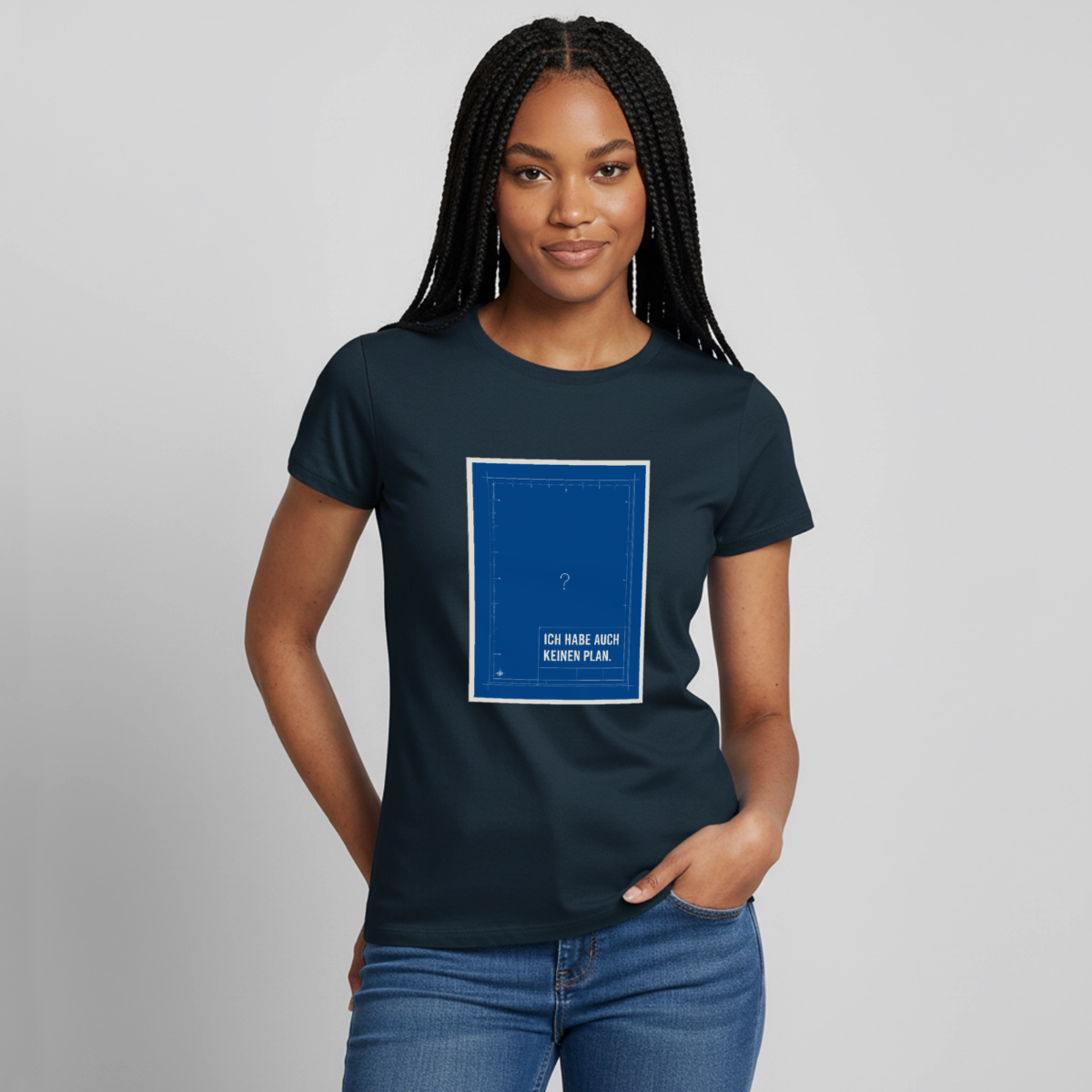 Ich habe auch keinen Plan. Motiv-T-Shirt für Frauen, Farbe Navy, Model