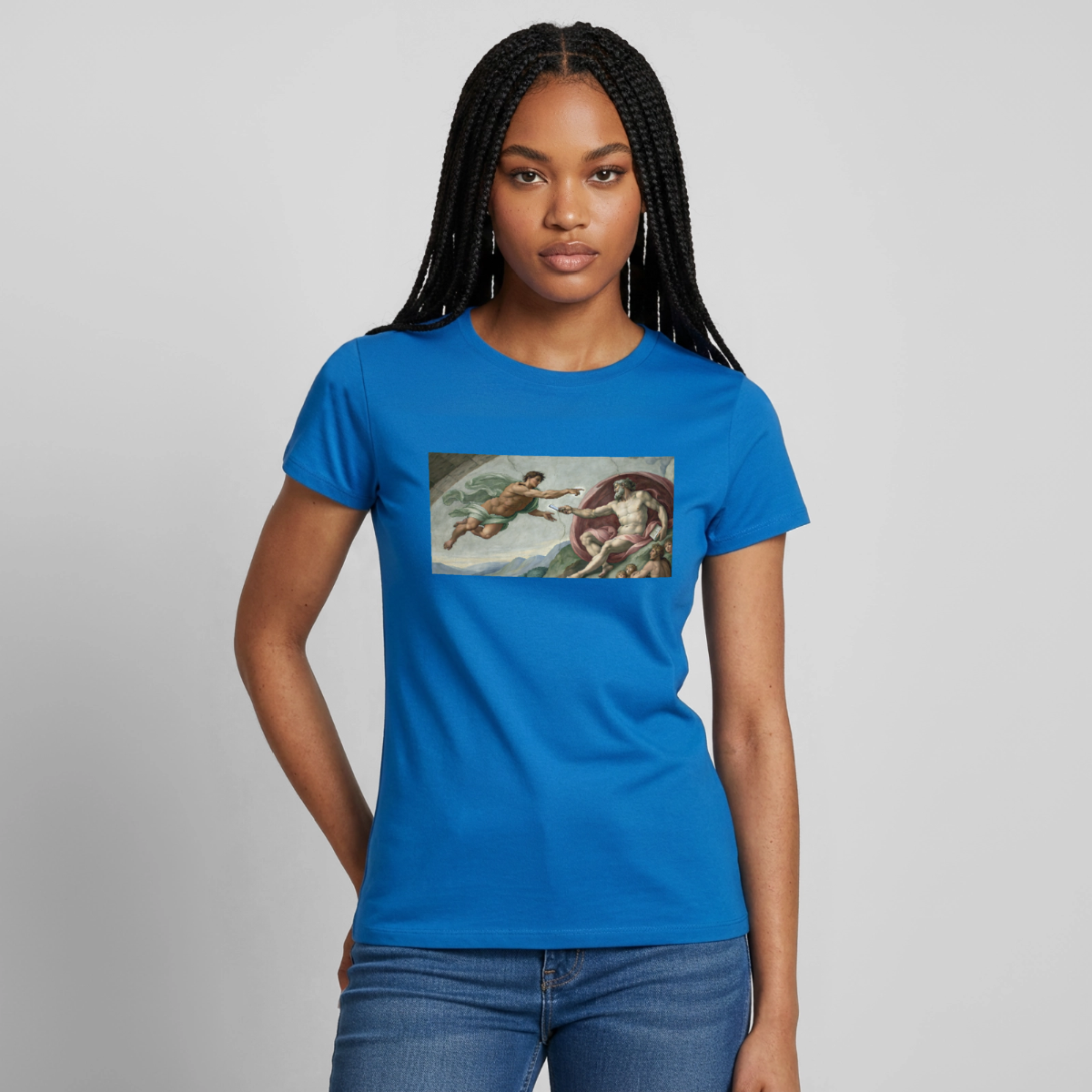 Die Schnittstelle. Renaissance-Motiv Motiv-T-Shirt für Frauen, Farbe Royalblau, Model