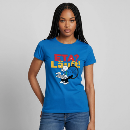 "ETA? Läuft! Strichfiguren-Motiv" Motiv-T-Shirt für Frauen, Farbe Royalblau