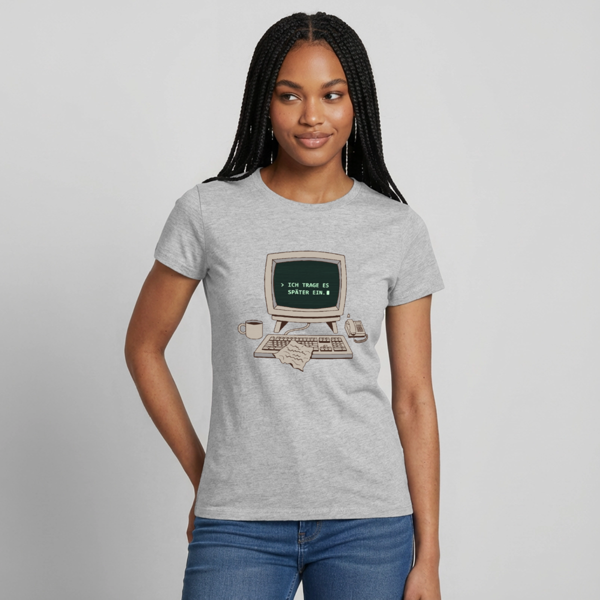 Ich trage es später ein. Motiv-T-Shirt für Frauen, Farbe Grau meliert, Model