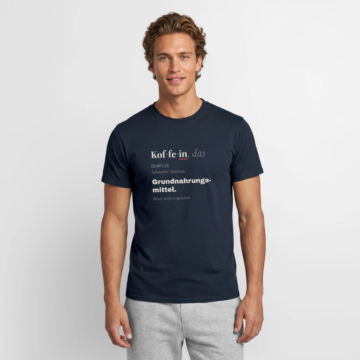 "Koffein, das: Grundnahrungsmittel." Motiv-T-Shirt für Männer, Farbe Navy