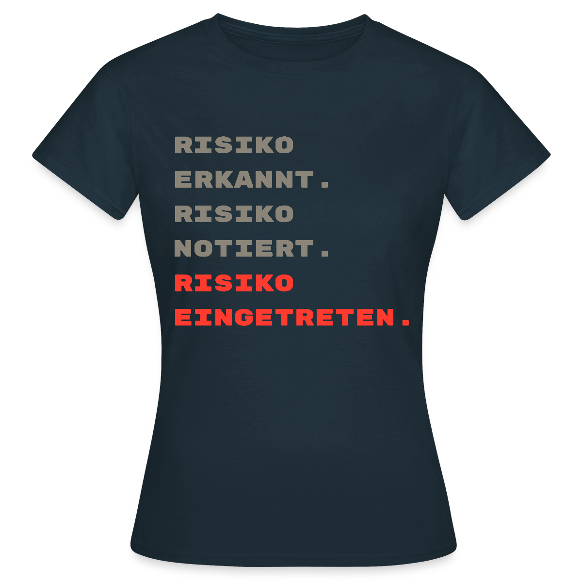 Risiko erkannt. Risiko notiert. Risiko eingetreten. Motiv-T-Shirt für Frauen, Farbe Navy