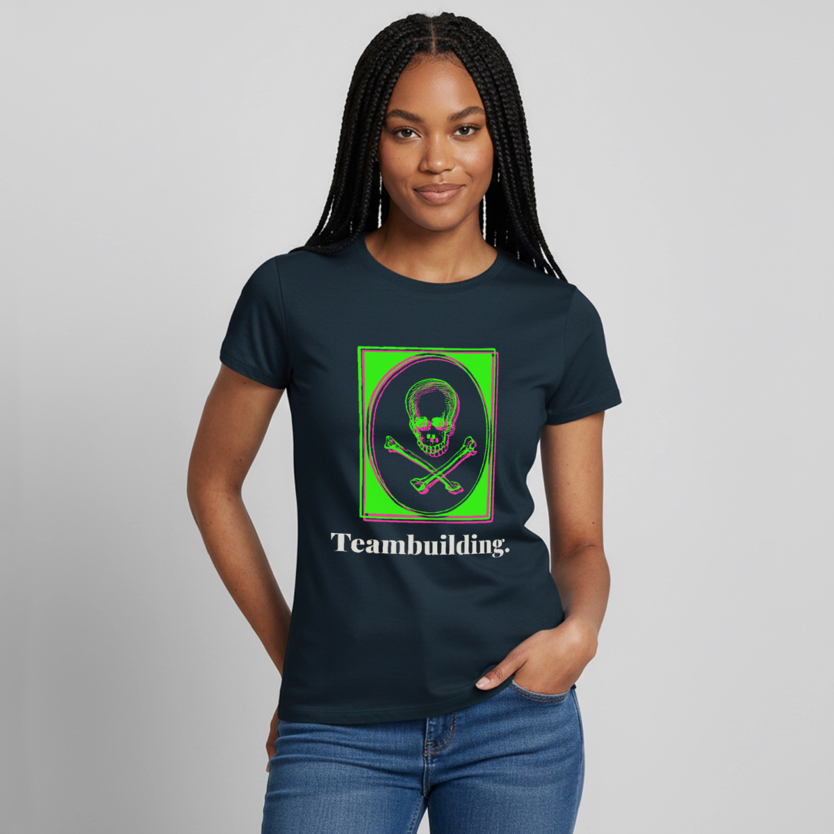 "Teambuilding. Neon-Motiv" Motiv-T-Shirt für Frauen, Farbe Navy