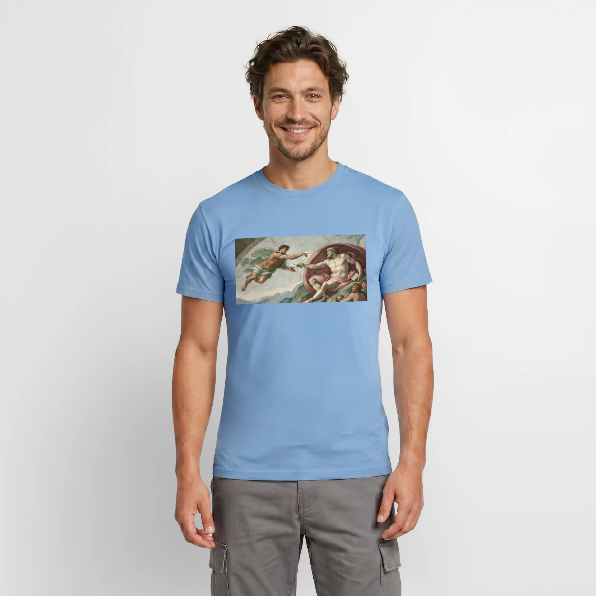 Die Schnittstelle. Renaissance-Motiv Motiv-T-Shirt für Männer, Farbe Carolina Blue, Model