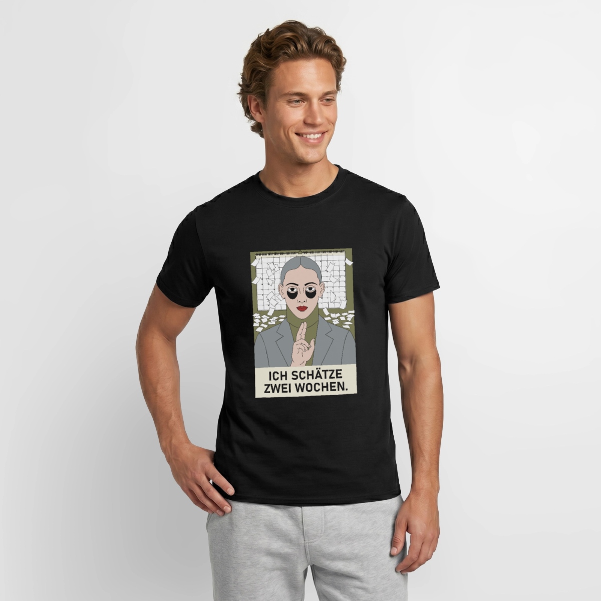 Ich schätze zwei Wochen. Porträt-Motiv Motiv-T-Shirt für Männer, Farbe Schwarz, Model