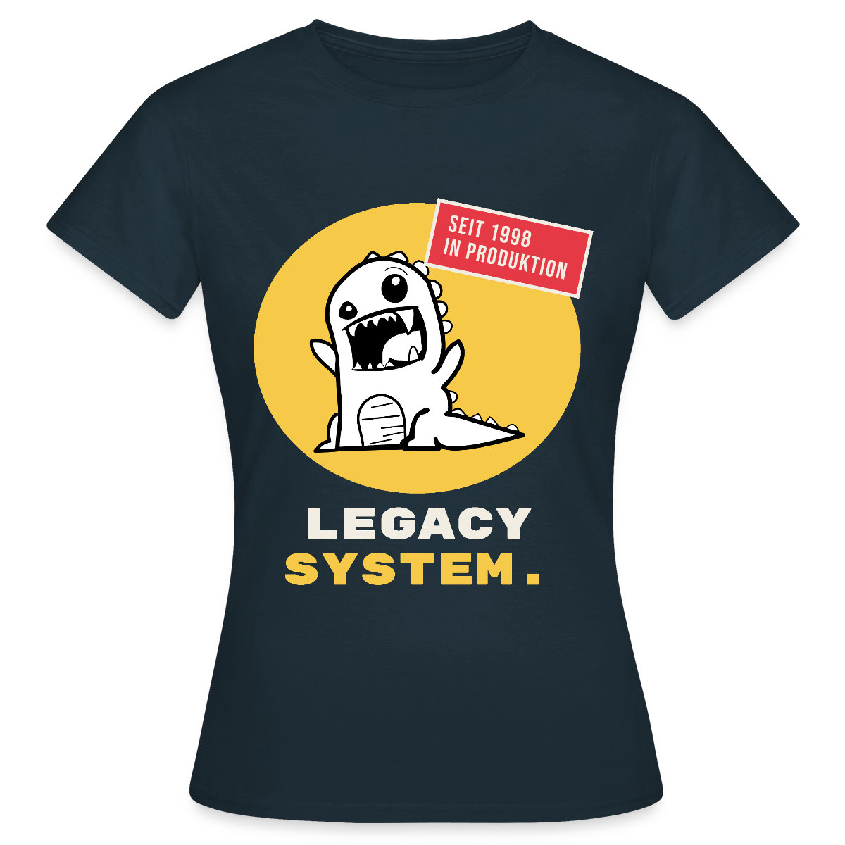 Legacy System. Seit 1998 in Produktion. Motiv-T-Shirt für Frauen, Farbe Navy