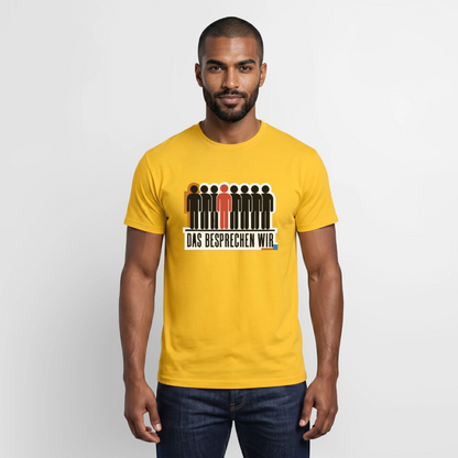 "Das besprechen wir. Isotype-Motiv" Motiv-T-Shirt für Männer, Farbe Gelb