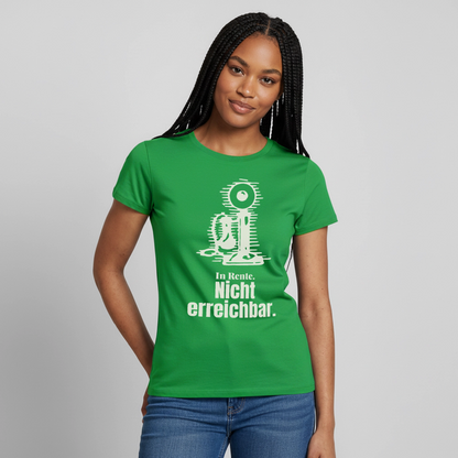 "In Rente. Nicht erreichbar. Strichzeichnung" Motiv-T-Shirt für Frauen, Farbe Kelly Green