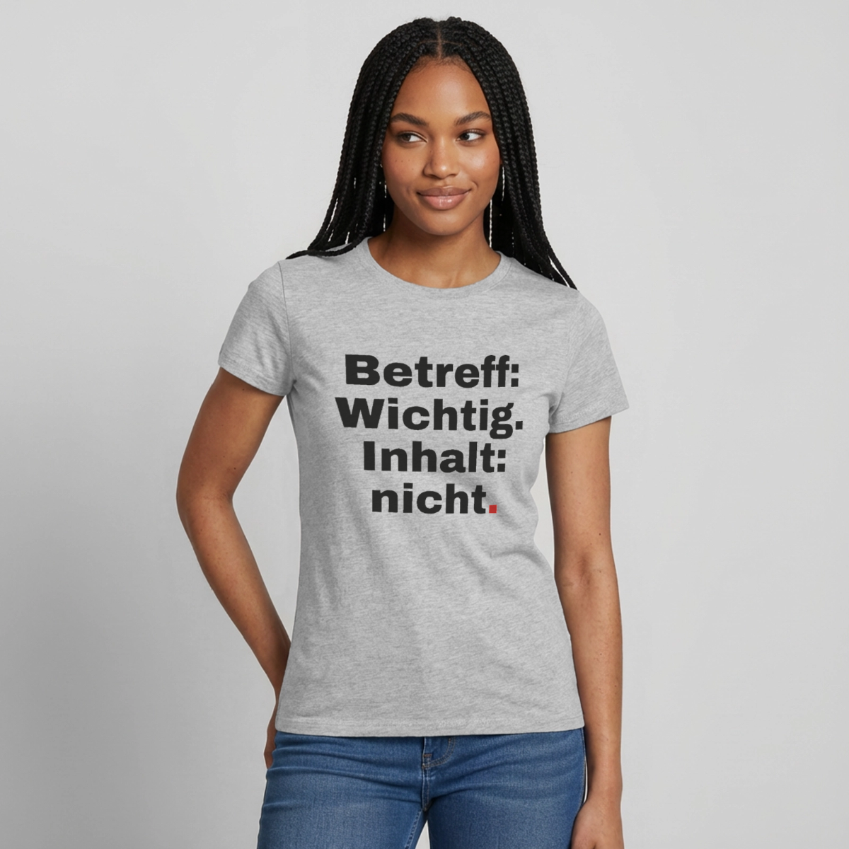 Betreff: Wichtig. Inhalt: nicht. Motiv-T-Shirt für Frauen, Farbe Grau meliert, Model