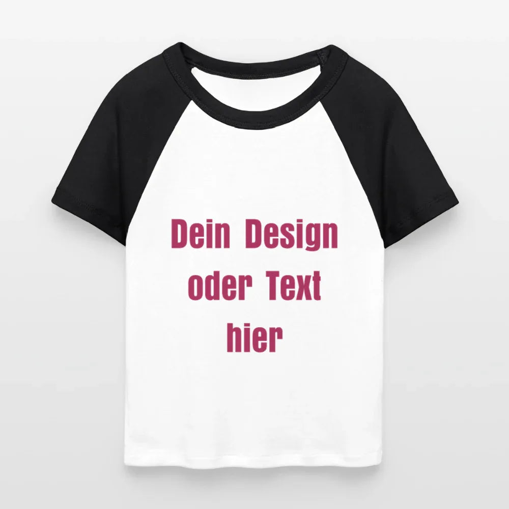 Frauen Cropped Baseball T-Shirt - personalisierbare Vorder- und Rückseite - Weiß/Schwarz
