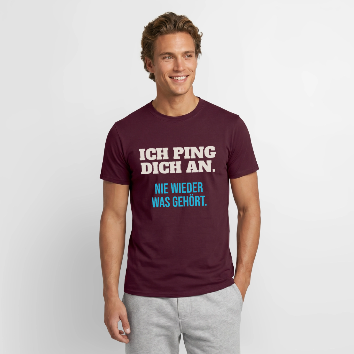 "Ich ping dich an. Nie wieder was gehört." Motiv-T-Shirt für Männer, Farbe Ziegelrot