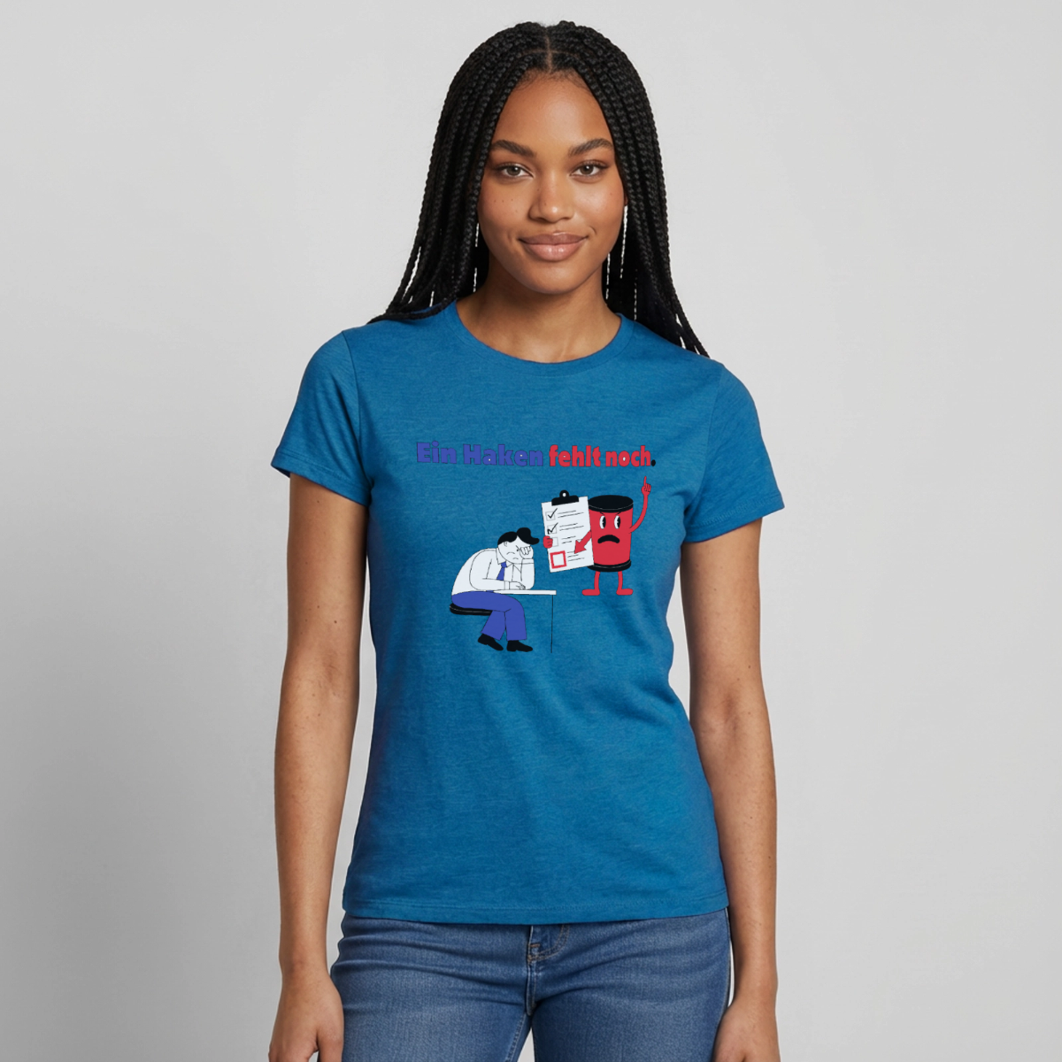 "Ein Haken fehlt noch. Comic-Motiv" Motiv-T-Shirt für Frauen, Farbe Antikblaues Saphir meliert
