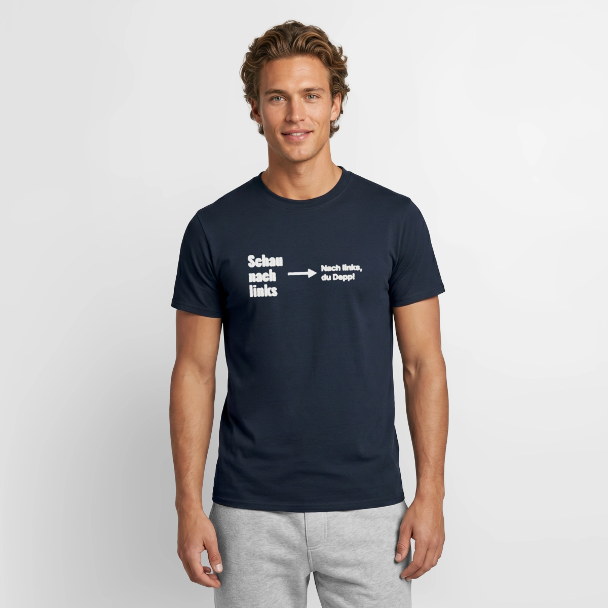Schau nach links. Motiv-T-Shirt für Männer, Farbe Navy, Model
