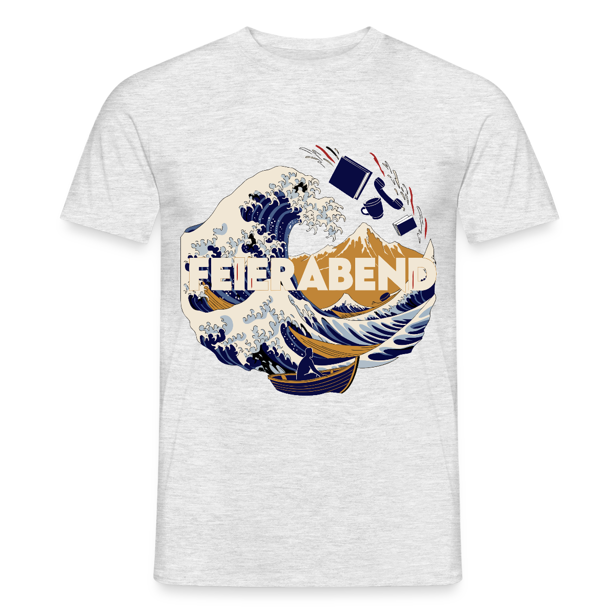 "Feierabend. Ukiyo-e-Motiv" Motiv-T-Shirt für Männer, Farbe Grau meliert