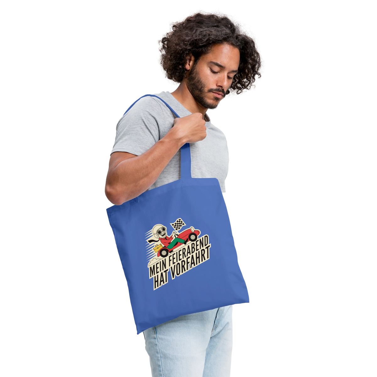 Mein Feierabend hat Vorfahrt. Stoffbeutel, Farbe Hellblau, Model