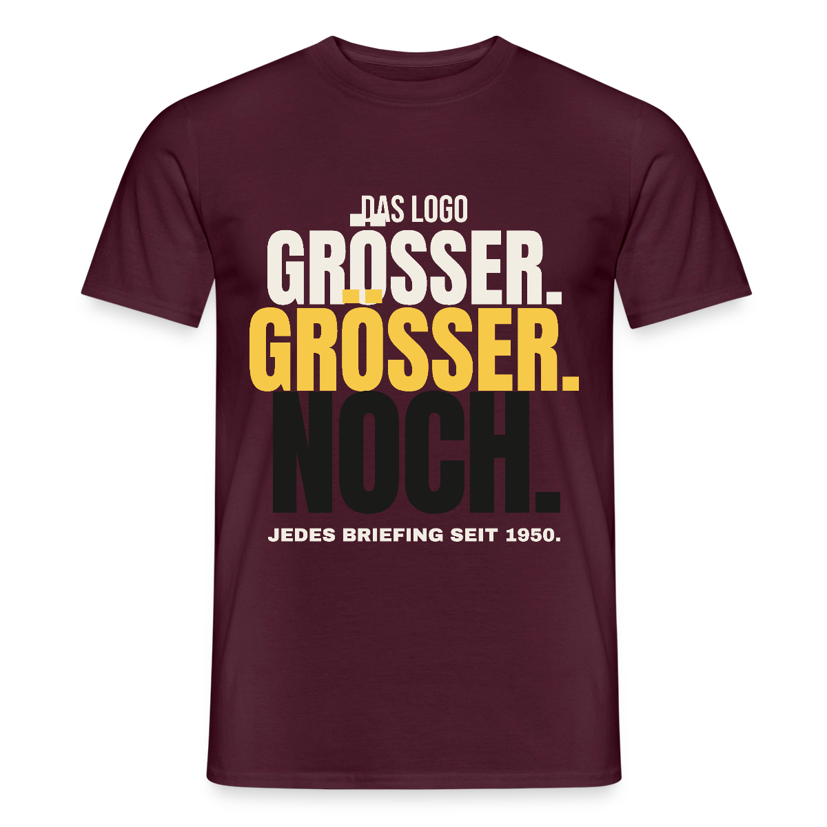 Das Logo größer. Größer. Noch. Jedes Briefing seit 1950. Motiv-T-Shirt für Männer, Farbe Ziegelrot