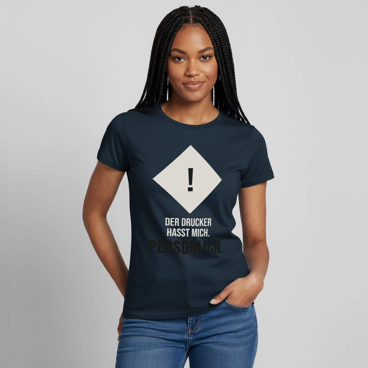 "Der Drucker hasst mich. Persönlich." Motiv-T-Shirt für Frauen, Farbe Navy