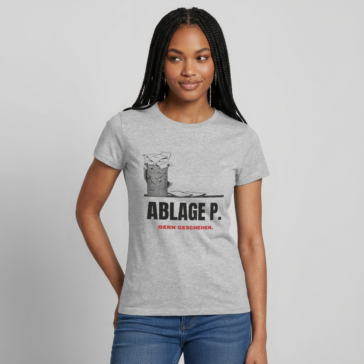 "Ablage P. Gern geschehen." Motiv-T-Shirt für Frauen, Farbe Grau meliert