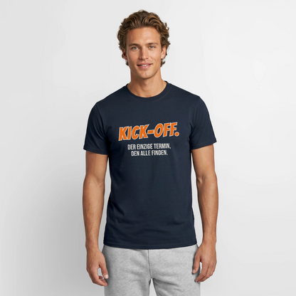 "Kick-off: der einzige Termin, den alle finden." Motiv-T-Shirt für Männer, Farbe Navy