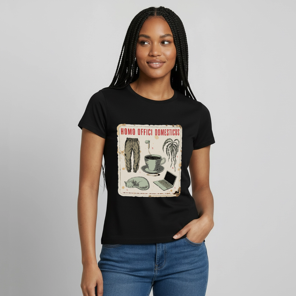 Homo Offici Domesticus Motiv-T-Shirt für Frauen, Farbe Schwarz, Model