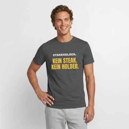 "Stakeholder. Kein Steak. Kein Holder." Motiv-T-Shirt für Männer, Farbe Anthrazit