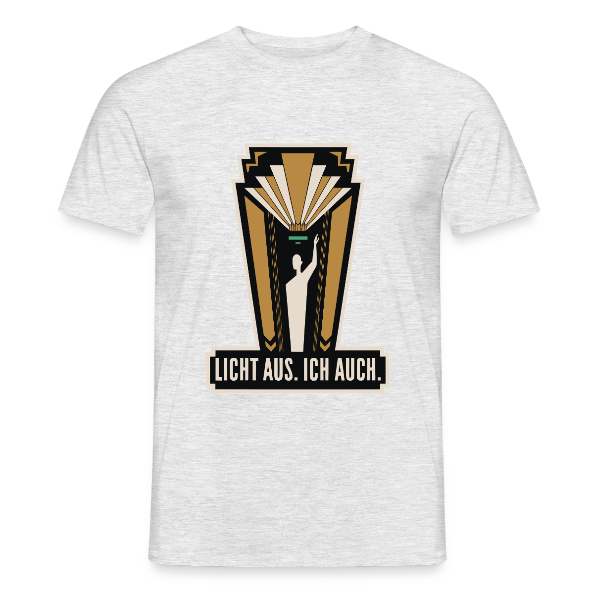 "Licht aus. Ich auch. Art-déco-Motiv" Motiv-T-Shirt für Männer, Farbe Grau meliert